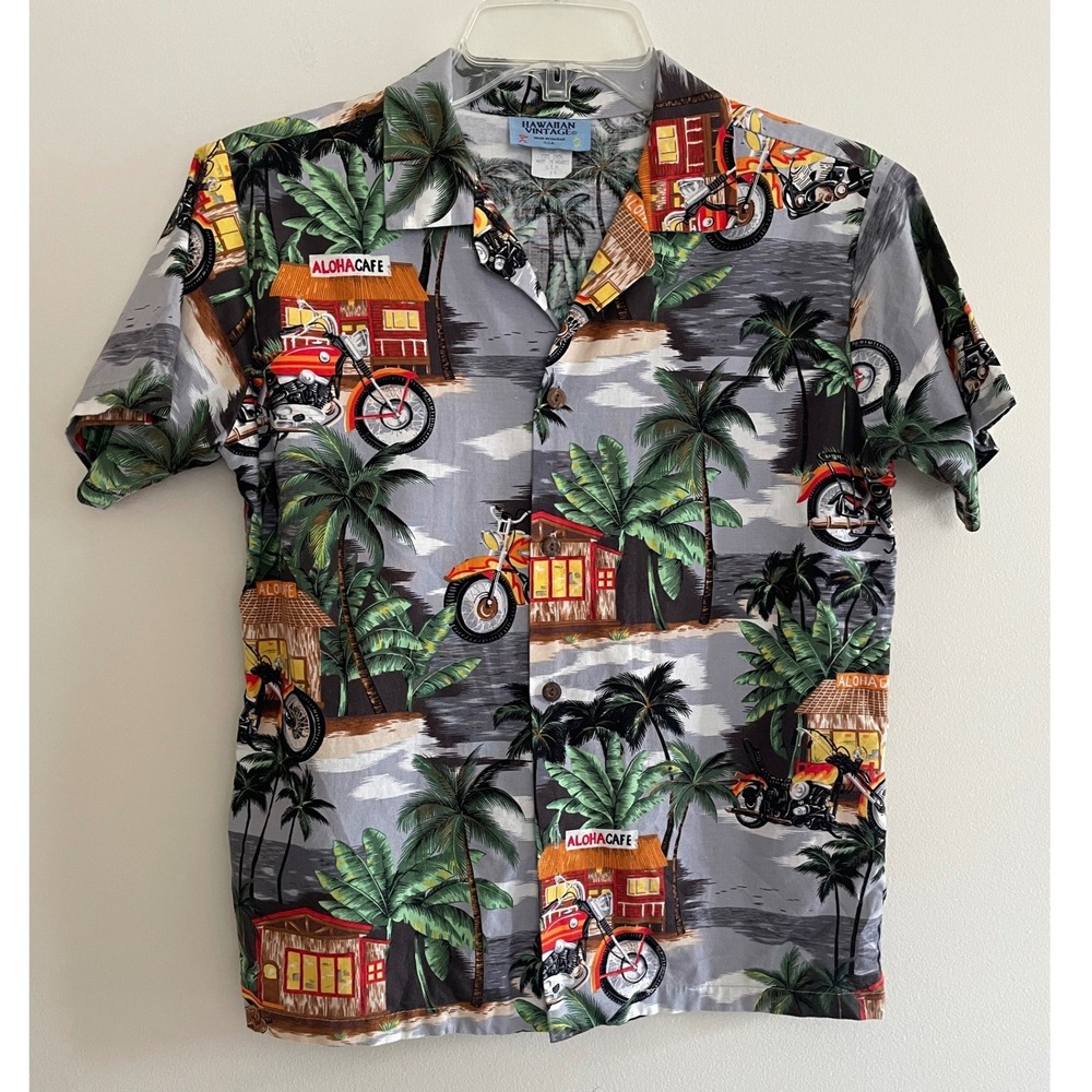 Hawaiian Vintage Kids 16 Motorcycle Aloha Cafe Tropical Button Down Shirt Gray